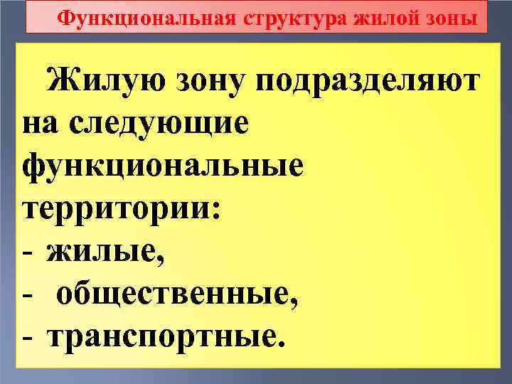 Функциональная структура жилой зоны Жилую зону подразделяют на следующие функциональные территории: - жилые, -