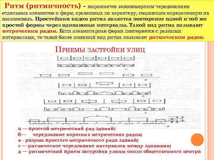Ритм (ритмичность) - выражается закономерным чередованием отдельных элементов и форм, сравнимых по характеру, создающих