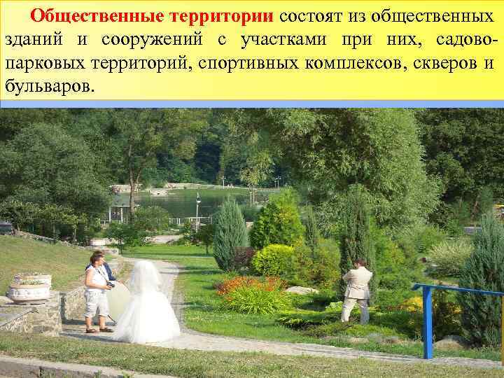 Общественные территории состоят из общественных зданий и сооружений с участками при них, садовопарковых территорий,