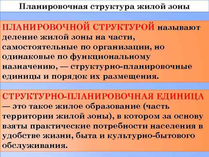Планировочная структура жилой зоны ПЛАНИРОВОЧНОЙ СТРУКТУРОЙ называют деление жилой зоны на части, самостоятельные по