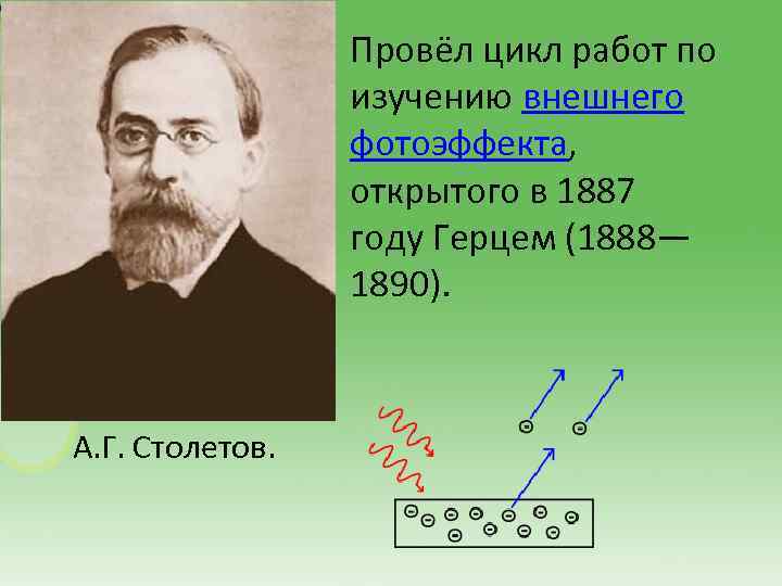 Провёл цикл работ по изучению внешнего фотоэффекта, открытого в 1887 году Герцем (1888— 1890).