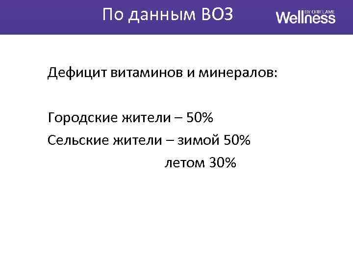 По данным ВОЗ Дефицит витаминов и минералов: Городские жители – 50% Сельские жители –