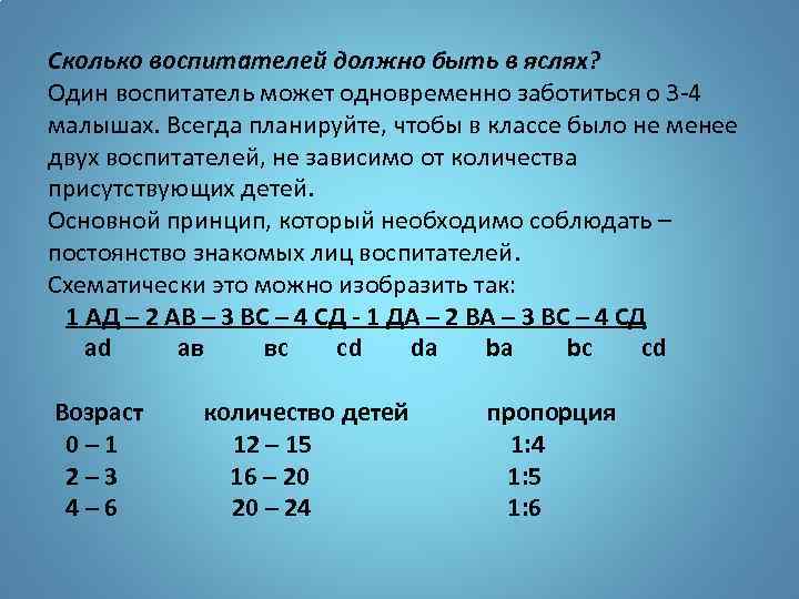 Сколько воспитателей должно быть в яслях? Один воспитатель может одновременно заботиться о 3 -4