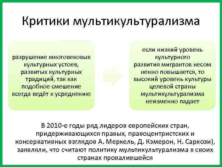 Критики мультикультурализма разрушение многовековых культурных устоев, развитых культурных традиций, так как подобное смешение всегда