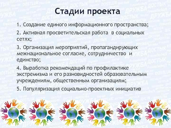 Стадии проекта 1. Создание единого информационного пространства; 2. Активная просветительская работа в социальных сетях;