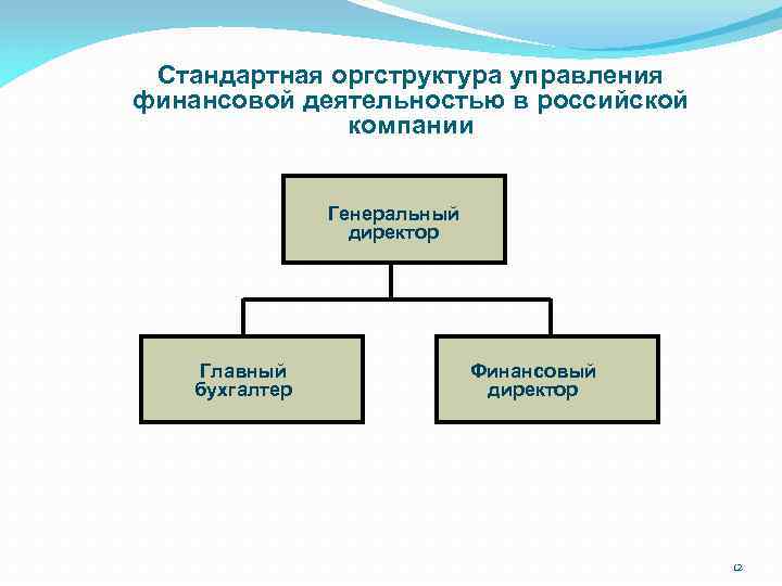 Стандартная оргструктура управления финансовой деятельностью в российской компании Генеральный директор Главный бухгалтер Финансовый директор