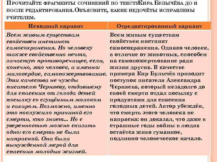 ПРОЧИТАЙТЕ ФРАГМЕНТЫ СОЧИНЕНИЙ ПО ТЕКСТУКИРА БУЛЫЧЁВА ДО И ПОСЛЕ РЕДАКТИРОВАНИЯ. ОБЪЯСНИТЕ, КАКИЕ НЕДОЧЁТЫ ИСПРАВЛЕНЫ