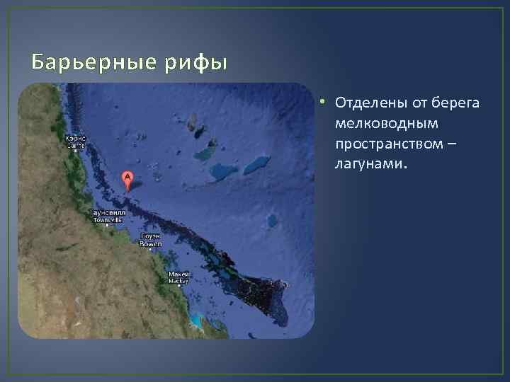 Барьерные рифы • Отделены от берега мелководным пространством – лагунами. 