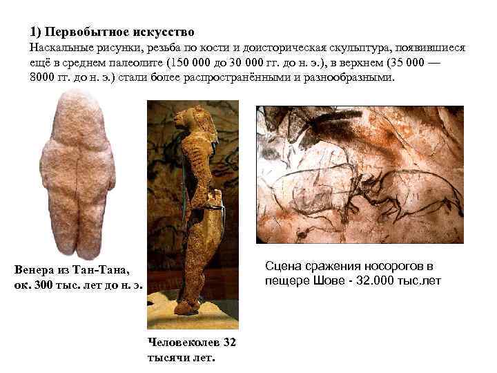 1) Первобытное искусство Наскальные рисунки, резьба по кости и доисторическая скульптура, появившиеся ещё в