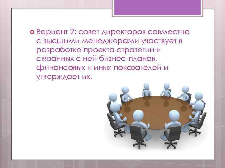  Вариант 2: совет директоров совместно с высшими менеджерами участвует в разработке проекта стратегии