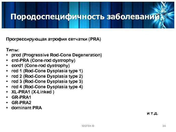 Породоспецифичность заболеваний Прогрессирующая атрофия сетчатки (PRA) Типы: • prcd (Progressive Rod-Cone Degeneration) • crd-PRA