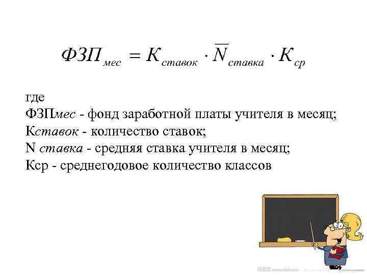 где ФЗПмес фонд заработной платы учителя в месяц; Кставок количество ставок; N ставка средняя