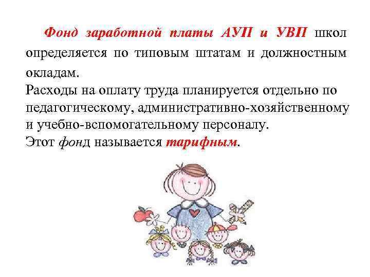 Фонд заработной платы АУП и УВП школ определяется по типовым штатам и должностным окладам.