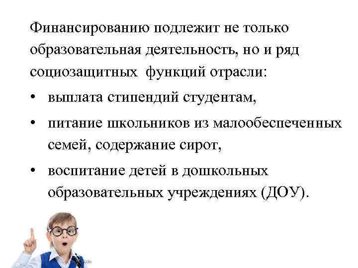 Финансированию подлежит не только образовательная деятельность, но и ряд социозащитных функций отрасли: • выплата