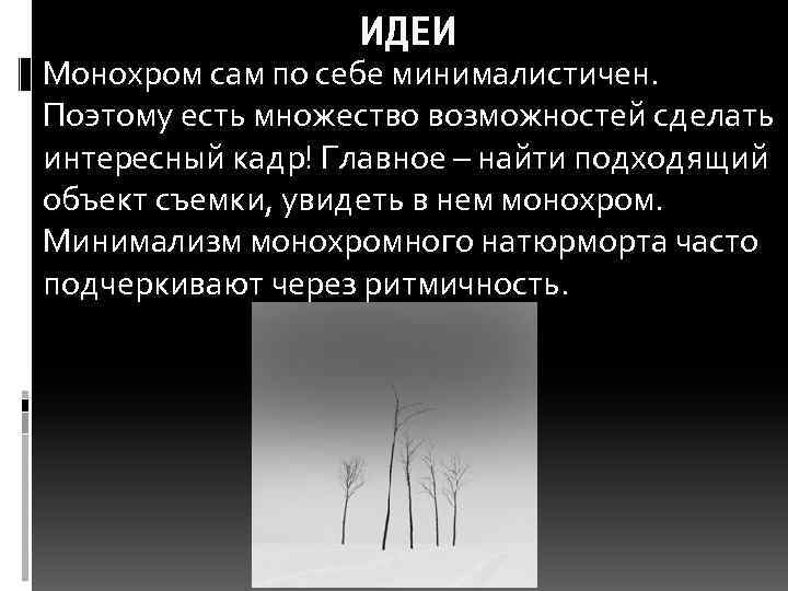 ИДЕИ Монохром сам по себе минималистичен. Поэтому есть множество возможностей сделать интересный кадр! Главное