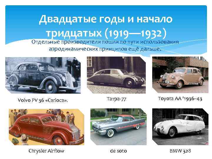 Двадцатые годы и начало тридцатых (1919— 1932) Отдельные производители пошли по пути использования аэродинамических