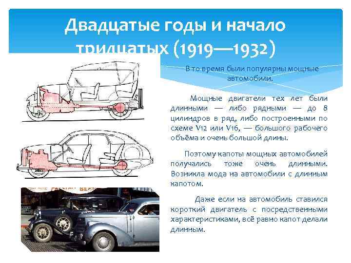 Двадцатые годы и начало тридцатых (1919— 1932) В то время были популярны мощные автомобили.