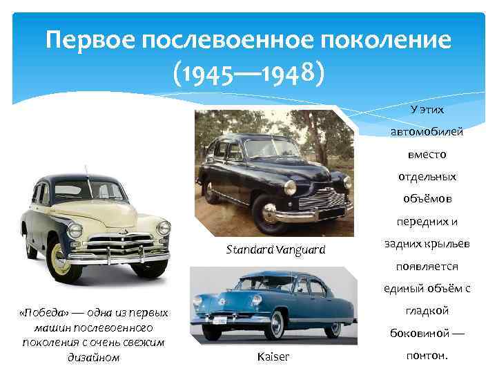 Первое послевоенное поколение (1945— 1948) У этих автомобилей вместо отдельных объёмов передних и Standard