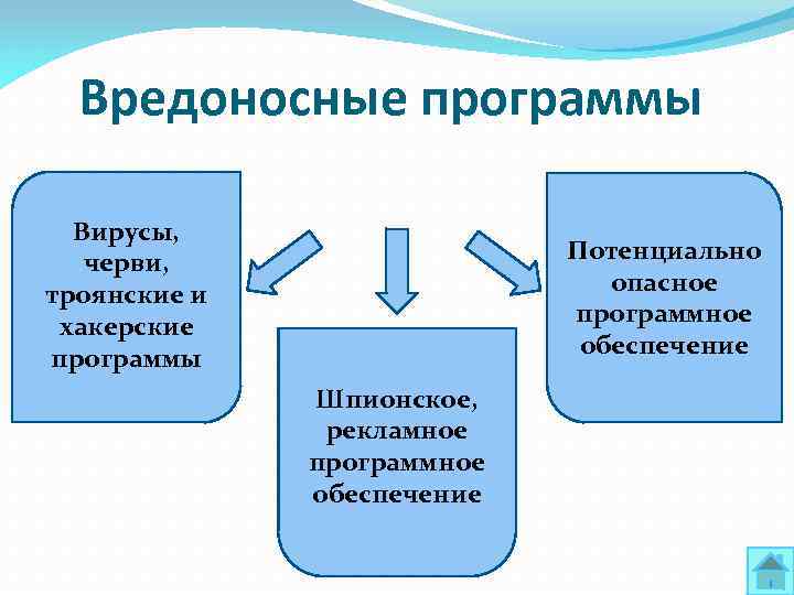 Вредоносные программы Вирусы, черви, троянские и хакерские программы Потенциально опасное программное обеспечение Шпионское, рекламное