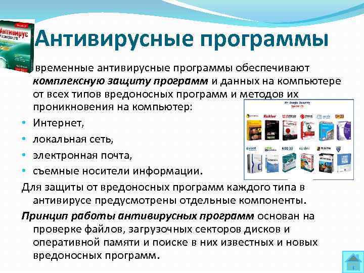 Антивирусные программы Современные антивирусные программы обеспечивают комплексную защиту программ и данных на компьютере от