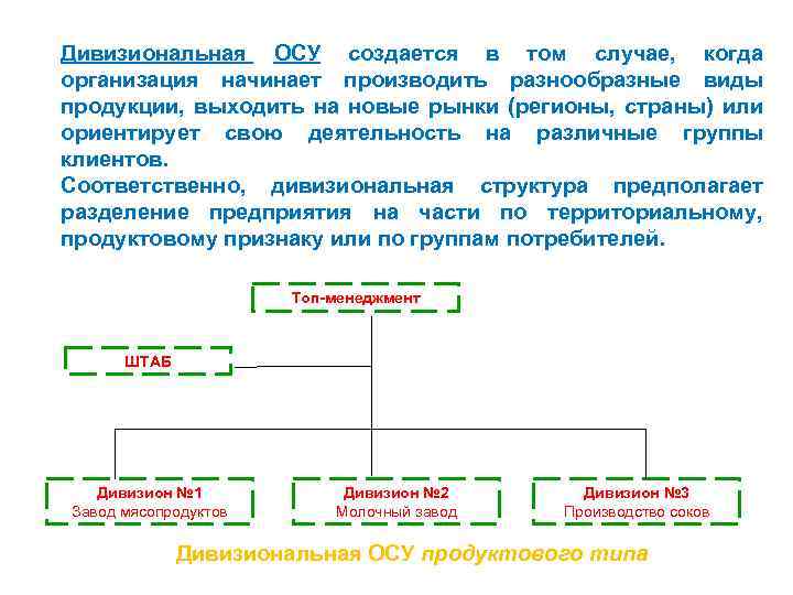 Дивизиональная ОСУ создается в том случае, когда организация начинает производить разнообразные виды продукции, выходить