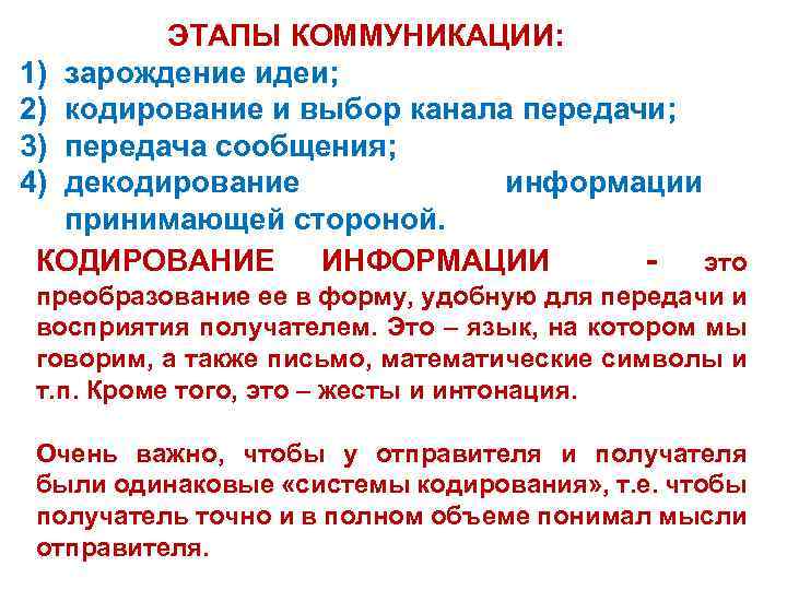 ЭТАПЫ КОММУНИКАЦИИ: 1) зарождение идеи; 2) кодирование и выбор канала передачи; 3) передача сообщения;