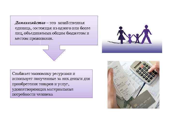 Домохозяйство – это хозяйственная единица, состоящая из одного или более лиц, объединяемых общим бюджетом