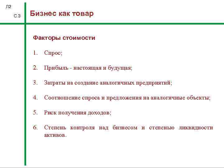 Л 2 С. 3 Бизнес как товар Факторы стоимости 1. Спрос; 2. Прибыль -