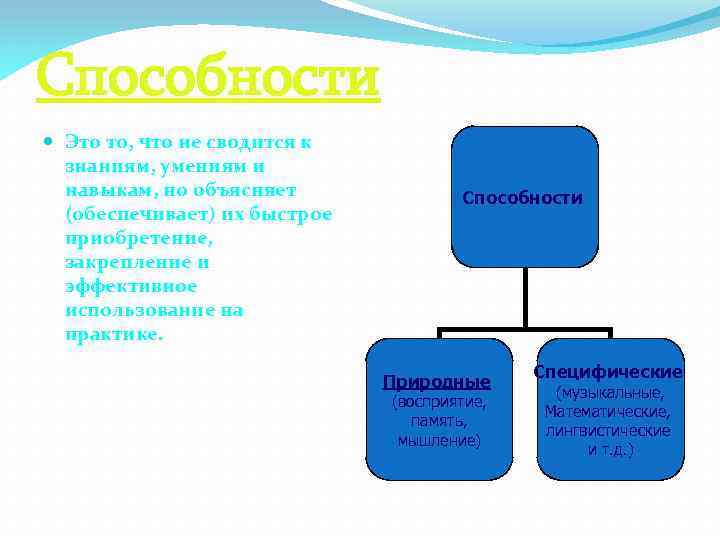 Способности Это то, что не сводится к знаниям, умениям и навыкам, но объясняет (обеспечивает)