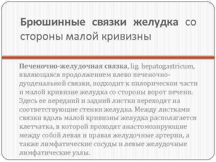 Брюшинные связки желудка со стороны малой кривизны Печеночно-желудочная связка, lig. hepatogastricum, являющаяся продолжением влево