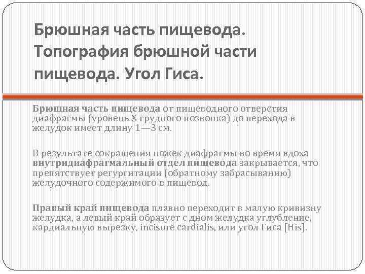 Брюшная часть пищевода. Топография брюшной части пищевода. Угол Гиса. Брюшная часть пищевода от пищеводного