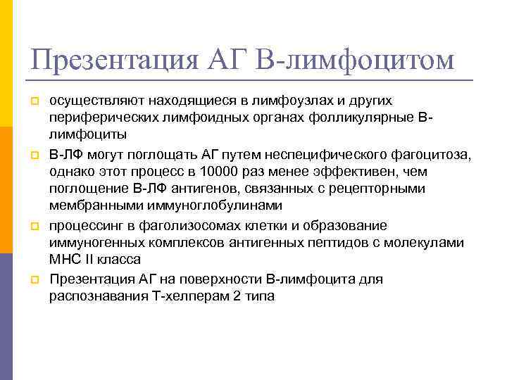 Презентация АГ В-лимфоцитом p p осуществляют находящиеся в лимфоузлах и других периферических лимфоидных органах