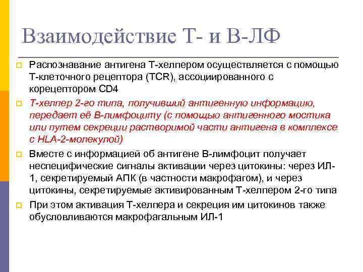 Взаимодействие Т- и В-ЛФ p p Распознавание антигена Т-хелпером осуществляется с помощью Т-клеточного рецептора