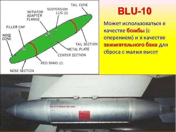 BLU-10 Может использоваться в качестве бомбы (с оперением) и в качестве зажигательного бака для