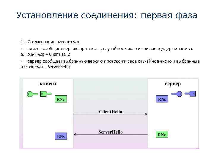 Установление соединения: первая фаза 1. Согласование алгоритмов - клиент сообщает версию протокола, случайное число