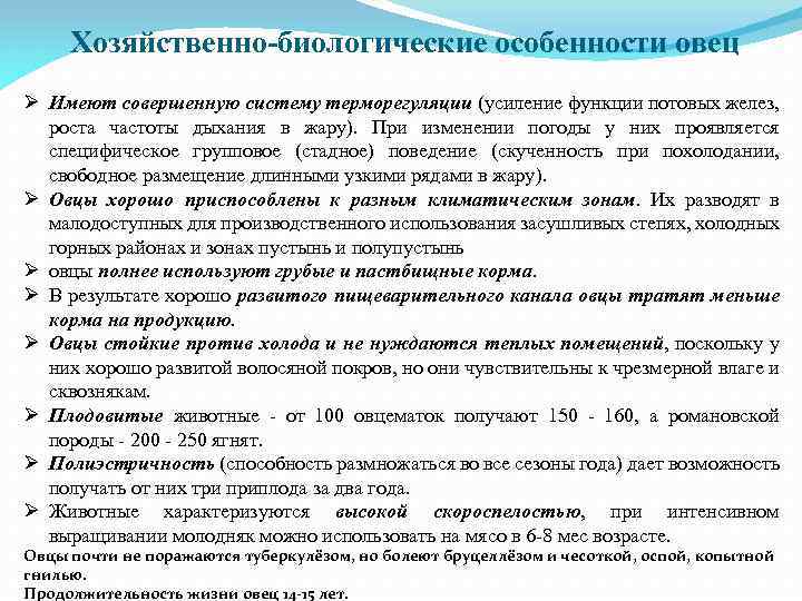 Хозяйственно-биологические особенности овец Ø Имеют совершенную систему терморегуляции (усиление функции потовых желез, роста частоты