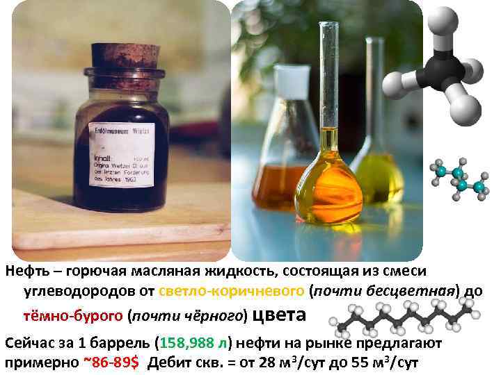 Нефть – горючая масляная жидкость, состоящая из смеси углеводородов от светло-коричневого (почти бесцветная) до