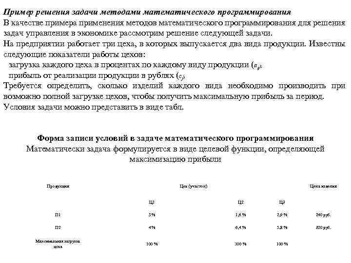 Пример решения задачи методами математического программирования В качестве примера применения методов математического программирования для