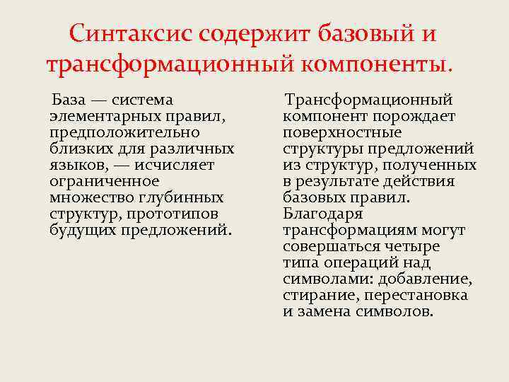 Синтаксис содержит базовый и трансформационный компоненты. База — система элементарных правил, предположительно близких для