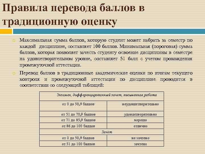 Правила перевода баллов в традиционную оценку Максимальная сумма баллов, которую студент может набрать за