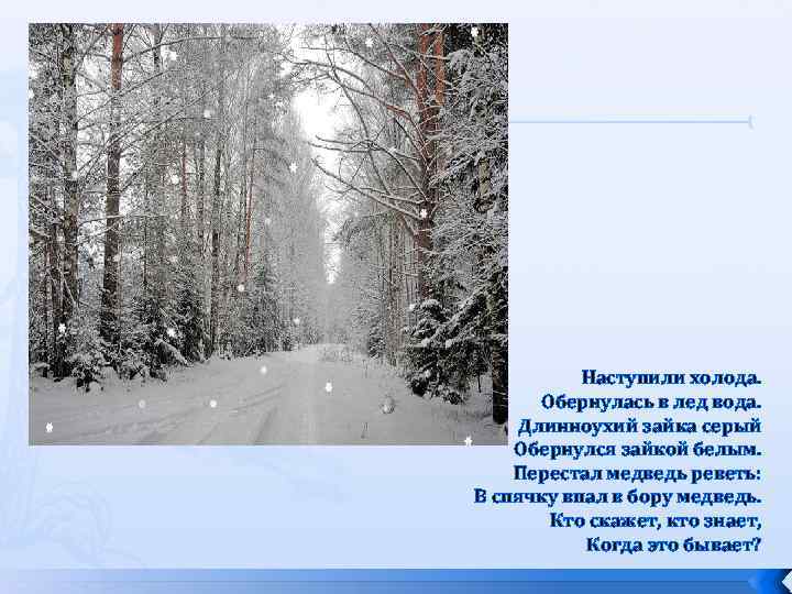 Наступили холода. Обернулась в лед вода. Длинноухий зайка серый Обернулся зайкой белым. Перестал медведь