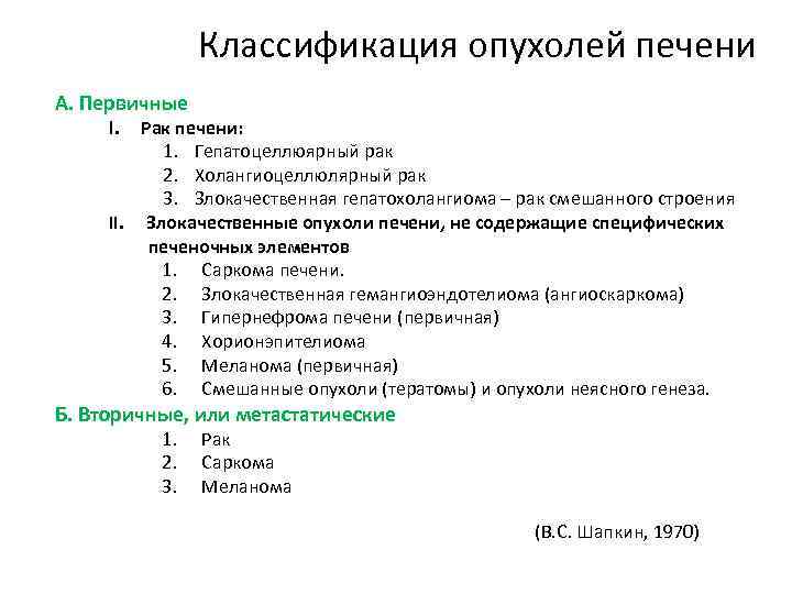 Классификация опухолей печени А. Первичные I. Рак печени: 1. Гепатоцеллюярный рак 2. Холангиоцеллюлярный рак