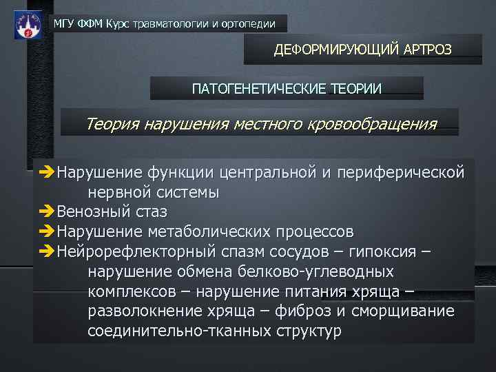 МГУ ФФМ Курс травматологии и ортопедии ДЕФОРМИРУЮЩИЙ АРТРОЗ ПАТОГЕНЕТИЧЕСКИЕ ТЕОРИИ Теория нарушения местного кровообращения