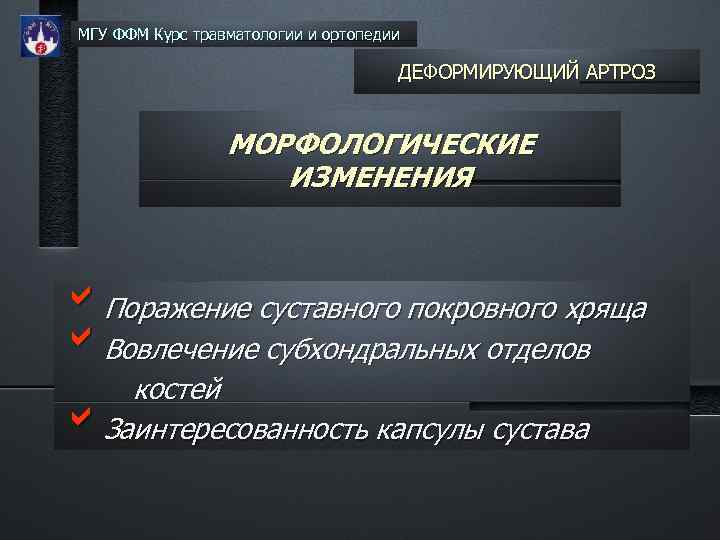 МГУ ФФМ Курс травматологии и ортопедии ДЕФОРМИРУЮЩИЙ АРТРОЗ МОРФОЛОГИЧЕСКИЕ ИЗМЕНЕНИЯ b. Поражение суставного покровного