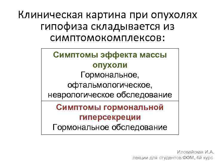 Клиническая картина при опухолях гипофиза складывается из симптомокомплексов: Симптомы эффекта массы опухоли Гормональное, офтальмологическое,