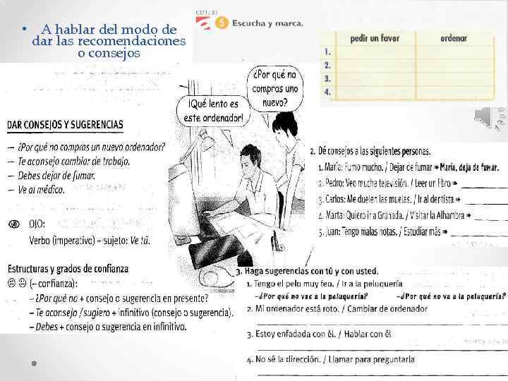  • A hablar del modo de dar las recomendaciones o consejos 