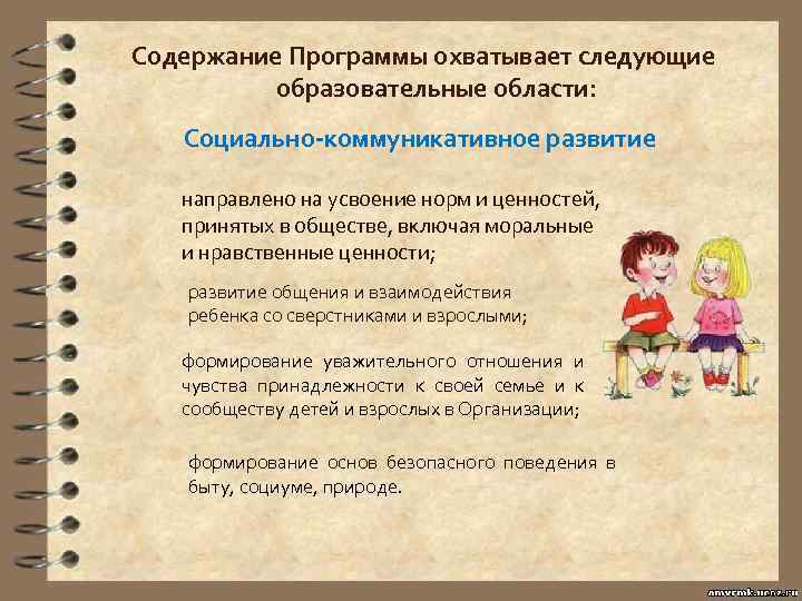 Содержание Программы охватывает следующие образовательные области: Социально-коммуникативное развитие направлено на усвоение норм и ценностей,