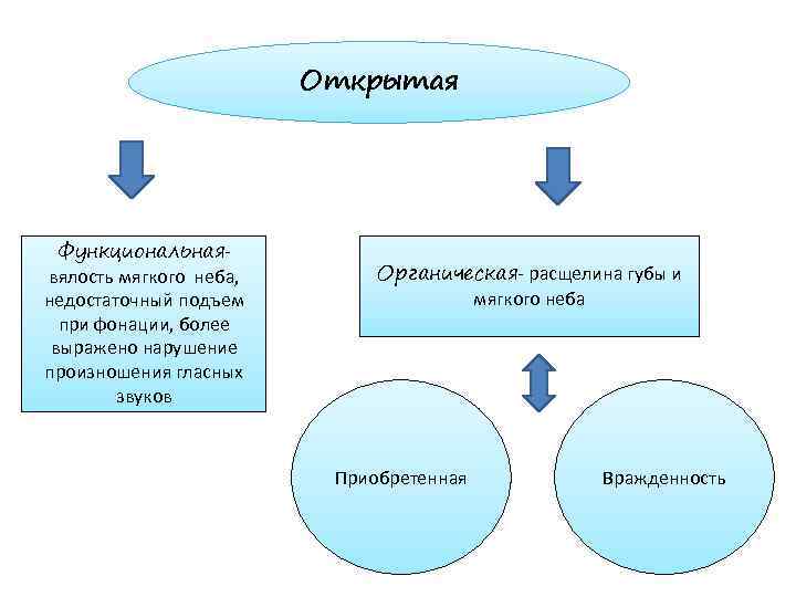 Открытая Функциональная- вялость мягкого неба, недостаточный подъем при фонации, более выражено нарушение произношения гласных