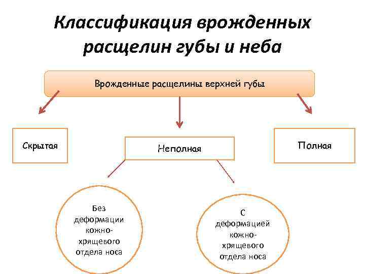 Классификация врожденных расщелин губы и неба Врожденные расщелины верхней губы Скрытая Полная Неполная Без