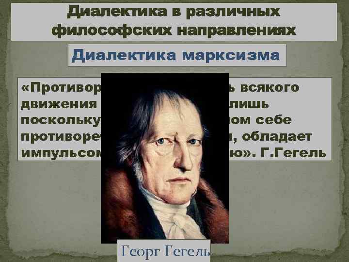 Диалектика в различных философских направлениях Диалектика марксизма «Противоречие есть корень всякого движения и жизненности,